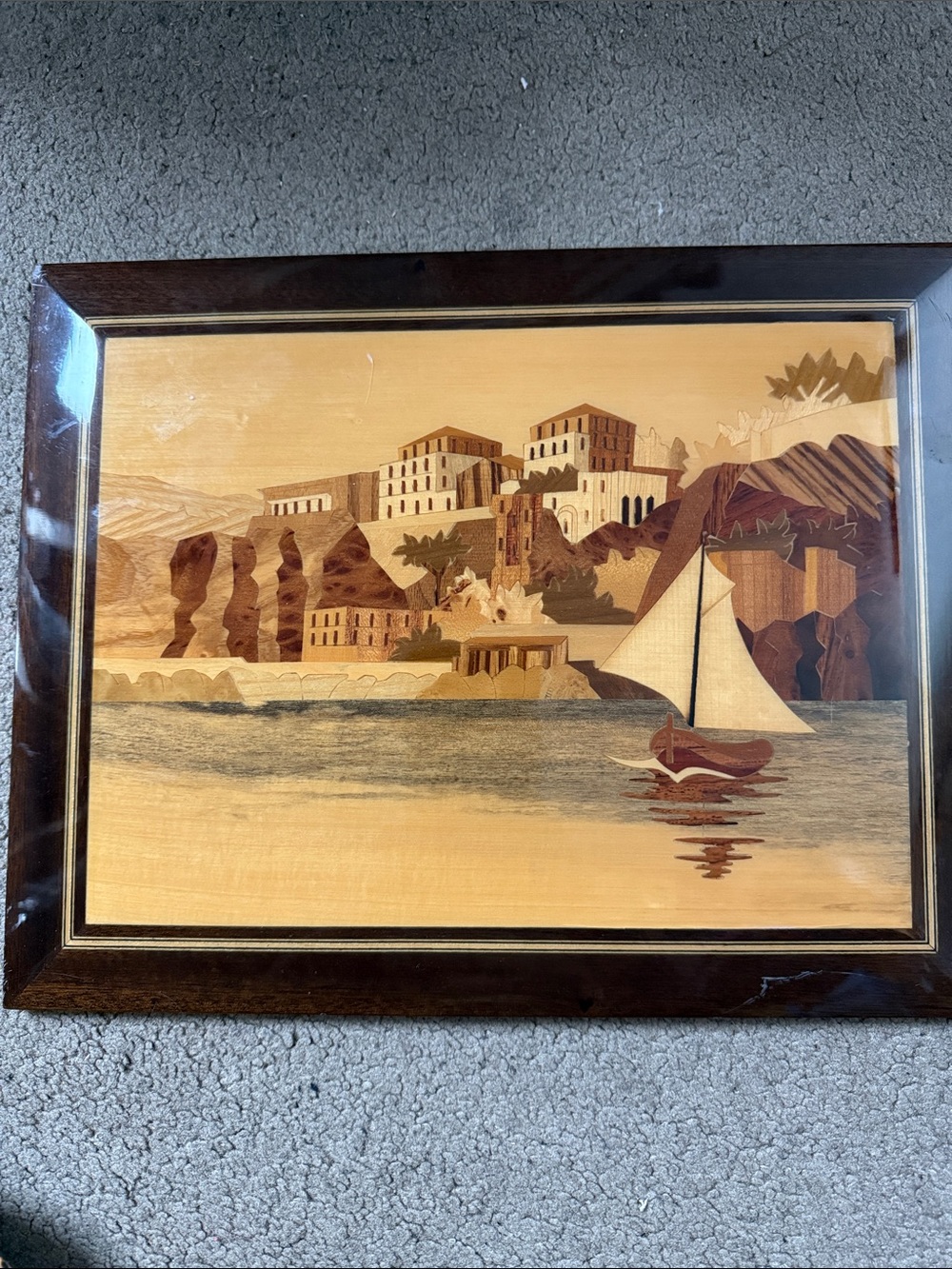Vintage Sorrento Italy Marquetry Wood Picture, Inlaid Wood Sailboat Coastal Scen